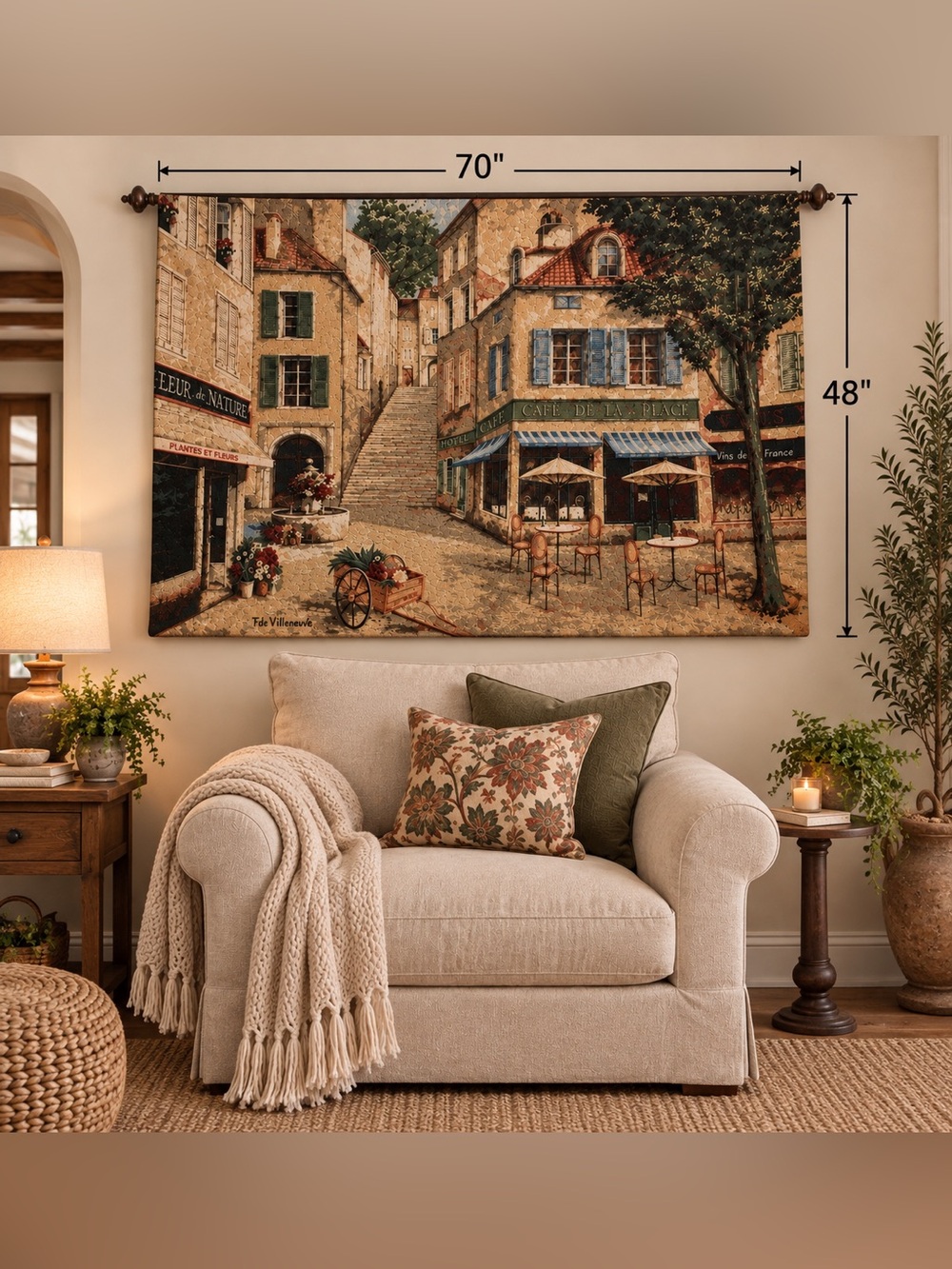 Wall Tapestry Art in Motion Cafe de la Place Large Hanging Woven 48x70 inches - Picture 2 of 16